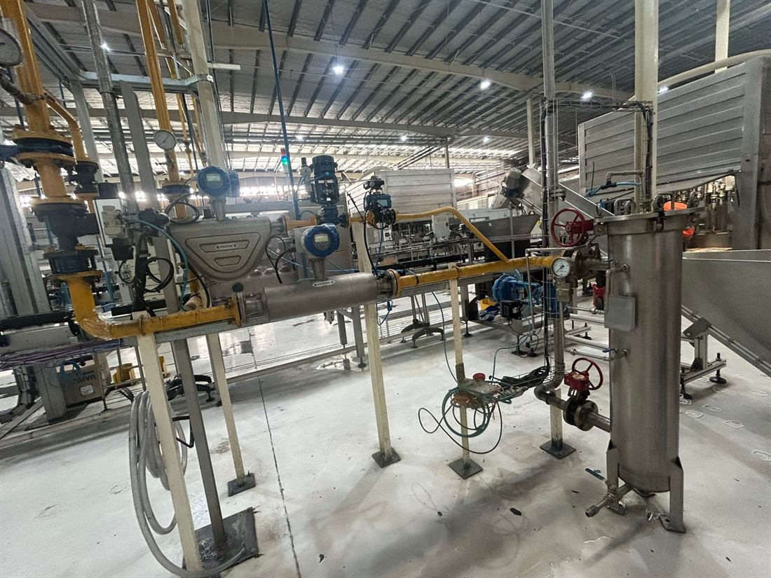 Línea de proceso de aceite con caudalímetros, filtros y válvulas