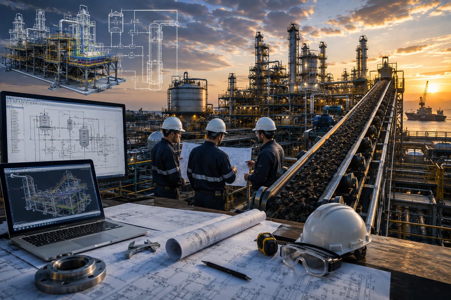 Ingenieros revisando planos frente a una planta de proceso con transportador de banda