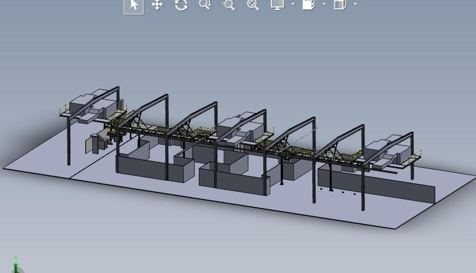 Modelo 3D de una planta con estructura y transportadores integrados