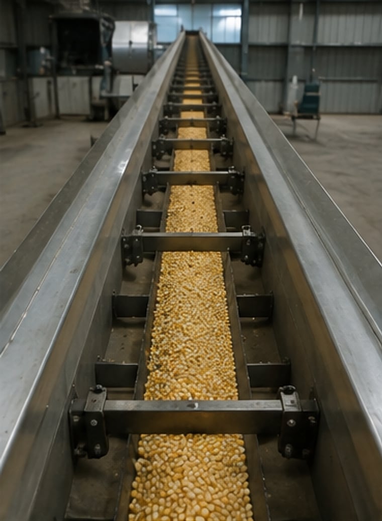 Transportador de banda encerrado con cereal dentro de la planta