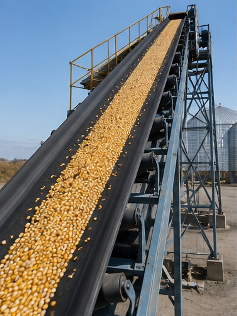 Transportador de banda inclinado descargando maíz junto a los silos