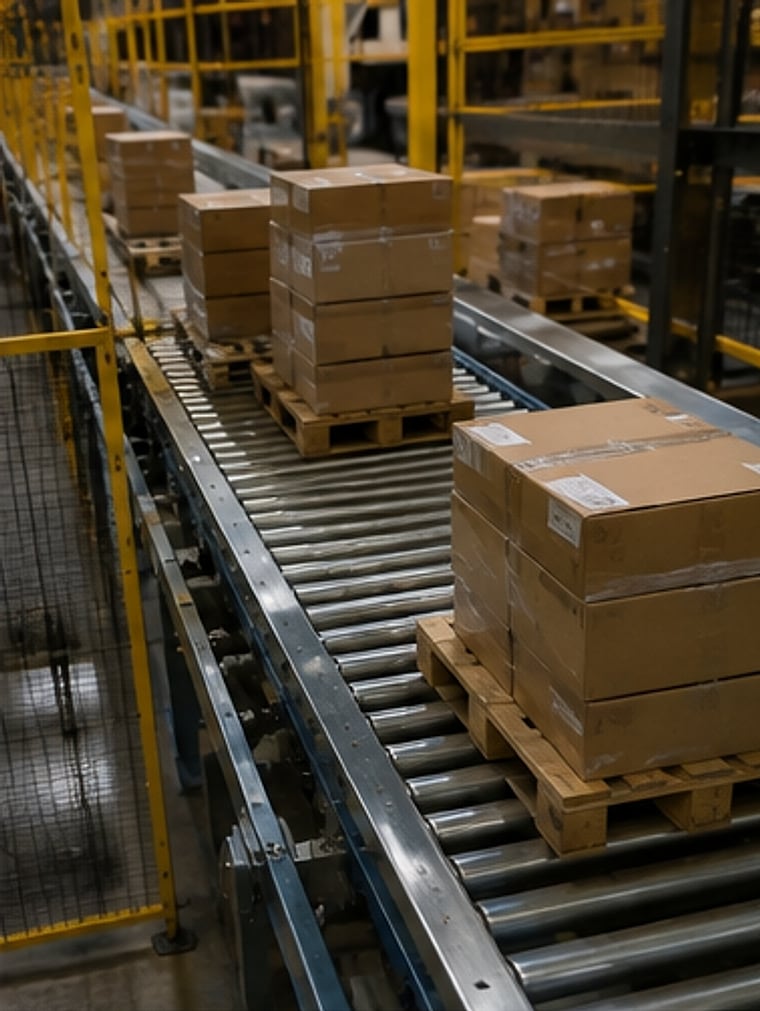 Transportador de rodillos con pallets y cajas en depósito logístico